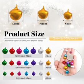 TOAOB Pack of 500 Colourful Small Bells for Crafts Bells with Eyelet 8 mm 10 mm 12 mm Metal Bells for Wedding Craft Jewellery Pet Bells Christmas Decoration