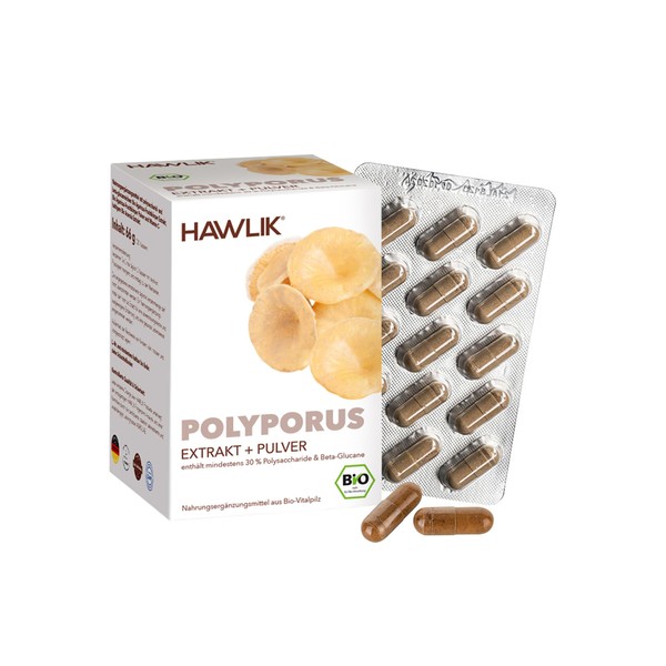 HAWLIK Vital Mushrooms Organic Polyporus Extract + Powder Capsules - 120 Capsules in Blister - With Vitamin C - Extract & Powder - Natural Cultivation - Vegan