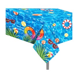 2 Pieces Pool Party Tablecloth Summer Swimming Party or Birthday Tablecloth Summer Swimming Balls Lifebuoy Water Wave Ripple Hawaiian Table Cover Plastic Waterproof Rectangle Table Cover,54 x 87 Inch