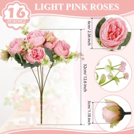 Crowye 16 Bundles Pink Fake Flowers Artificial Peonies Realistic Faux Flowers Wedding Bouquet Fake Silk Peony for Table Centerpieces Wedding Decoration Bridal Floral Arrangement(Light Pink)