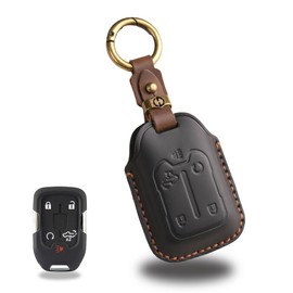 for GMC Leather Key Fob Cover with Keychain,Premium Leather Key Case Protector Compatible with Yukon Tahoe Suburban HYQ1AA (BLACK)