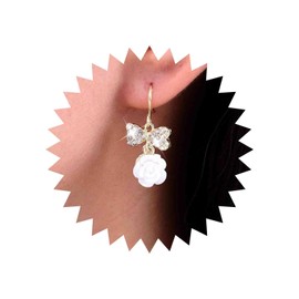 TseenYi CZ Bow Flower Earrings Vintage Camellia Earrings Gold Crystal Bow Dangle Earrings White Camellia Flower Hook Earrings Shiny CZ Flower Earrings Jewellery for Women and Girls, Crystal