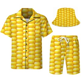Corn funny shirts for men Hawaiian Shirts and Shorts Set for Men mens disco shirt rave outfits men Beach Sets with Bucket Hats 18-XXL