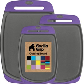 GORILLA GRIP BPA-Free Reversible Kitchen Cutting Board Set of 3, US Designed, Nonporous, Juice Grooves Catch Liquid, Slip Resistant Border, Dishwasher Safe, Durable Food Chopping Boards, Gray Purple