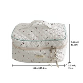 BILIPOPX Aesthetic Kawaii Cute Cosmetic Bag Travel Cotton Makeup Organizer with Handle Toiletry Pouch for Women Teen Girls (White Cherry)