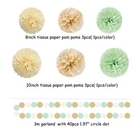 Sage-Green Gold-Champagne Party Decorations - 23pcs Neutral Birthday Baby Shower Tissue Pom Poms Streamers, Boho Wedding Bachelorette Engagement Tassel Garland Banner,Bridal Decor Supplies Ouruola