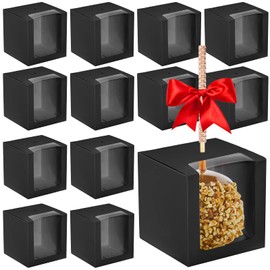 100 Pcs Candy Apple Boxes with Hole Caramel Apple Boxes 4 x 4 x 4 Inch Apple Gift Box Cookies Chocolate Apple Container with Clear Window for Harvest Autumn Party Wedding Baby Shower (Black)