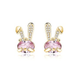 SLUYNZ Solid 925 Sterling Silver Pink Rabbit Earrings Stud for Women Teen Girls CZ Bunny Stud Earrings (B-Gold Plated)