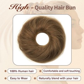 TANJET Messy Bun Hair Piece #Honey Brown 100% Real Human Hair 1PCS Tousled Updo Hair Buns Extension Elastic Hair Band Hair Pieces Curly Hair Bun for Woman（#6 Honey Brown）