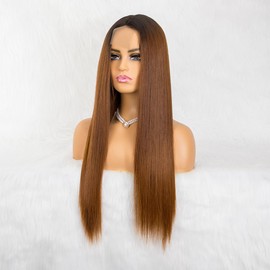 Brown Highlights Wigs for Women Long Straight Wig Lace Front Wigs Silky Soft Hair Heat Resistant Fiber Synthetic Wig Natural Fashion Middle Parting Wig 26 Inch