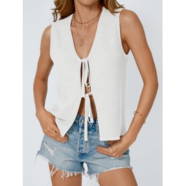 LILLUSORY Womens Crochet Tops Ladies Summer Vacation Outfits Beach Fashion Tank Y2K 2025 Cute Clothes Tie Front Sweater Vest White S