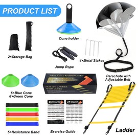 Speed Agility Training Equipment Set, Agility Ladder 20ft, 12 Football Cones, Resistance Running Parachute, Jump Rope, 5 Resistance Bands, Football/Soccer Training Equipment