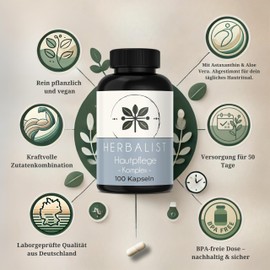 Herbalist Hautpflege Komplex – 100 vegane Kapseln mit Aloe Vera, Hagebutte, Gotu Kola, Grüntee, Astaxanthin & Grapefruit – Rezeptur für dein tägliches Pflegeritual, laborgeprüft, ohne Zusätze