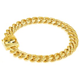 QICHENMAO Gold Chain Collars for Dogs 15MM Stainless Steel Cuban Link Collar with Design Safety Buckle Lock 18K Gold Plated Metal Chain Training Walking Collar for Large Medium Small Dogs (16inches)
