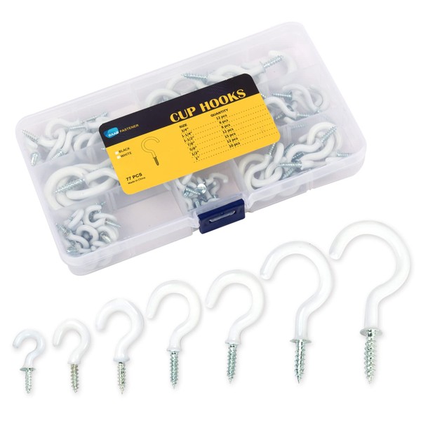BAAB FASTENER 77Pcs Screw in Hooks for Wood, Vinyl Coated Cup Hook Ceiling Hooks for Hanging Plants, Cups, Lights, Keys, Clothes & Tools (White)