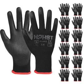 HPHST PU Coated Work Gloves, 12 Pairs Work Gloves for Men and Women, Non-Slip Assembly Gloves, Gardening Gloves with PU Coating for Builders, Mechanics, Black (Small)