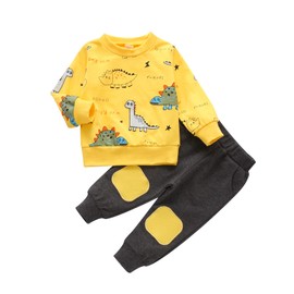 Infant Baby Boys Cute 2PCS Pants Sets Long Sleeve Dinosaur Print Round Neck Sweatshirt and Elastic Waist Ribbed Pants Tracksuit (Yellow, 18-24 Months)