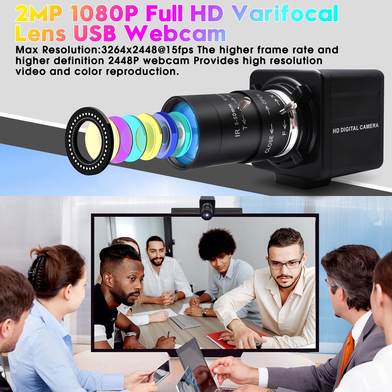 1080P USB Camera with Microphone Manual Zoom 5-50mm Webcam Variable