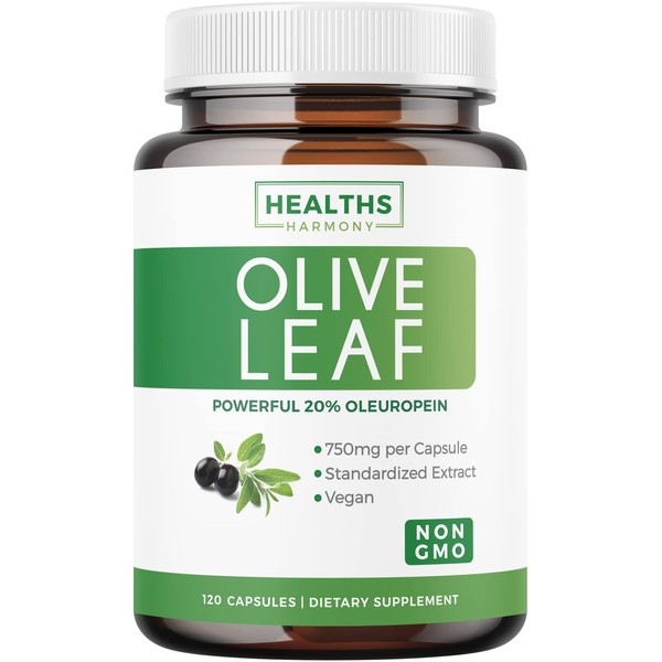 Olive Leaf Extract (Non-GMO) Super Strength: 20% Oleuropein - 750mg - Vegetarian - Immune Support Supplement, Skin Health, and Powerful Antioxidants Supplement - No Oil or Liquid - 120 Capsules
