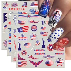 IDDFEVE Embossed 4th of July USA Flag Statue of Liberty for Independence Day Patriotic Nail Decals, 3D Design Self-Adhesive Star Nail Art (4 Sheets)