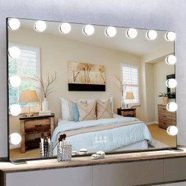 BEAUTME Large Vanity Mirror with Lights, Hollywood Makeup Mirror, Extra Large Lighted Mirror, Tabletop or Wall-Mounted Mirror with 16 Dimming LED Bulbs, Black(35.9''×24.3'')