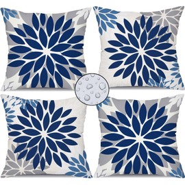 DFXSZ Blue Grey Flower Pillow Covers 18x18 Inch Set of 4 White Blue Colored Throw Pillows Outdoor Waterproof Decor for Living Room Sofa Patio Funiture Garden Floral Linen Cushion Case 008D