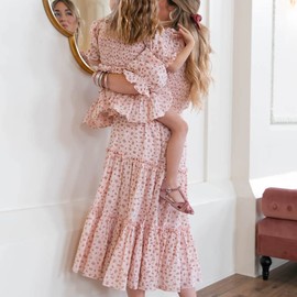 Mommy and Me Matching Dresses Floral Printed Ruffled Short Lantern Sleeves A-Line Long Dress Hidden Back Zipper Closure Summer Mom Daughter Matching Outfits Pink Floral Medium