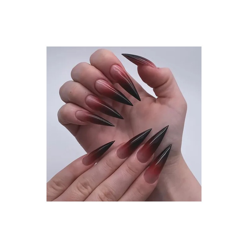 24 Pcs Postizas Largas Punta Afilada Degradado Negro Y Rojo
