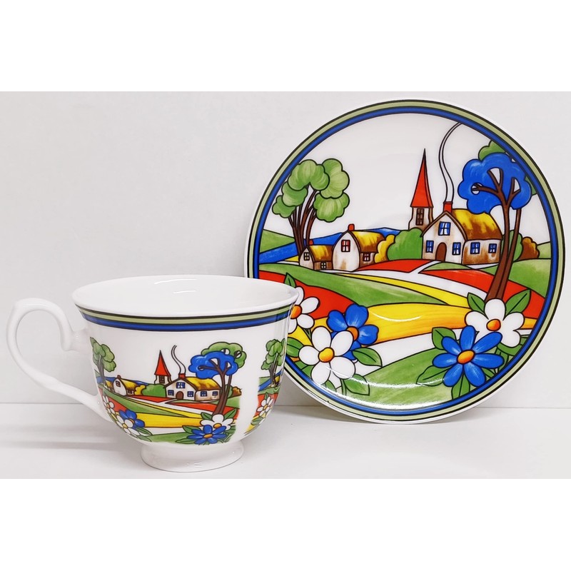 Village Art Deco Tea Cup & Saucer Fine Bone China