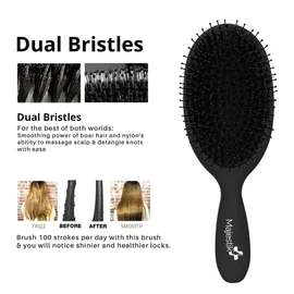 Shine Enhancer Paddle Hair Brush Matte Black with Soft Natural Boar Bristles Leave Hair Shiny Smooth For All Hair Types For Women Men Wet Dry Hair By Majestik+