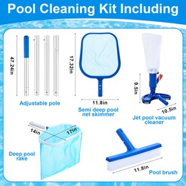 Tioncy 5 Pcs Pool Cleaning Kit Includes 47" Adjustable Pole with Deep Leaf Skimmer Net, Semi-deep Skimmer Net, Jet Pool Vacuum Cleaner, and Pool Brush for Cleaning Above Ground Pools Hot Tub Spa