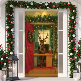 Preboun Christmas Door Cover Xmas Elk Reindeer Door Decorations 70 x 35 Inch Funny Deer Christmas Hanging Banner Photography Backdrop for Office Porch Winter Holiday Home Indoor Outdoor Decor