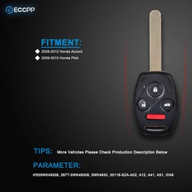 ECCPP 1X Replacement fit for Uncut 313.8MHz Keyless Entry Remote Key Fob Honda Pilot/Accord KR55WK49308