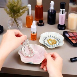 MOPLA Ceramic Jewellery Bowl, Pack of 3, Small Ceramic Ring Bowl, Lotus Flower Jewellery Tray, Pink, White, Green Decorative Jewellery Bowl, Flower Shape Jewellery Plate for Home Decor Jewellery