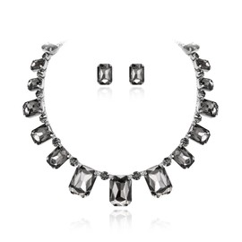 EVER FAITH Red Square Rhinestone Crystal Sparkling Art Deco Costume Statement Necklace and Stud Earrings Set, Crystal