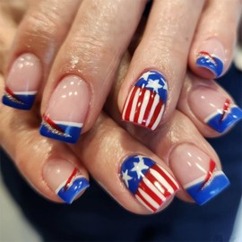 24Pcs Blue French Tip Press on Nails Medium Square Fake Nails Independence Day American Flag Design False Nails Full Cover Blue Nail Tips Glue on Nails Glossy Patriotic Stick on Nails for Women