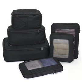 Compression Packing Cubes INNKGLE 6 Set - Black - for Suitcase Organiser Bags Travel and Home Storage, Recycled PET Fabric, Space-Saving Design, Travel Organiser Packing Bags