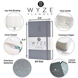 Wyze Planner - Goal Planner for 6 Months. Increase Productivity and Achieve Personal and Business Goals. Undated Daily, Weekly and Monthly Journal Organizer with Calendar (Gray)