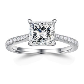 MOOSEA 2ct Moissanite Rings for Women, Princess Cut D Color VVS1 Clarity Lab Created Diamond Rings 18K White Gold Plated Solid S925 Sterling Silver Engagement Rings for Women Promise Rings Gifts