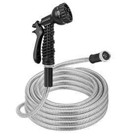 iMounTEK 25FT Garden Hose Heavy Duty Stainless Steel Garden Hose Garden Watering Kit Metal Water Hose w/ 2 Nozzles 12 Patterns Flexible Extendable Kink Tangle Puncture Resistant Dog Proof for Garden