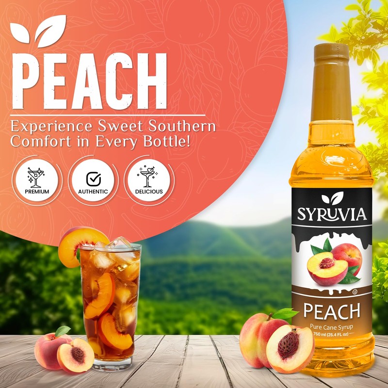 Syruvia Peach Syrup, Flavored Syrup for Drinks, Cocktails, Lemonades, Iced
