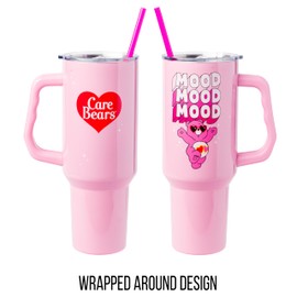 Silver Buffalo Care Bears Love-A-Lot Bear Mood - Vaso de acero inoxidable con mango y pajita, se adapta a portavasos estándar, 40 onzas