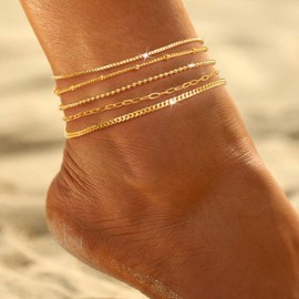 Poxtex 14K Real Gold Ankle Bracelets for Women Waterpoof Dainty Jewelry Set Gifts for Women No Tarnish StackableI Layered Thin Trendy Beaded | Paperclip | Cuban | Box | Satellite Anklets for Women Fashion Accessories