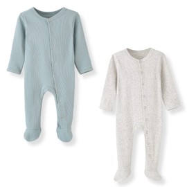 BINIDUCKLING Baby 2-Pack Cotton Snap-Up Sleepsuit - Baby Footed Pajamas with Mitten Cuffs - Long Sleeve Baby Onesies Grows 9-12 Months, Mint Green and Beige Grey