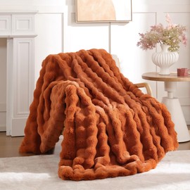 Smoofy Faux Fur Fall Throw Blanket for Couch – Burnt Orange Fluffy Cozy Rabbit Fleece, Plush Soft Bubble Blanket for Sofa & Bed, for Mom, Warm Fuzzy Home Room Decor Throw 60" x 80"