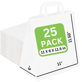 JET PAPER BAGS - 11”x6”x11.5” [25 Pcs] White Paper Bags with Handles Prime for Takeout, Grocery, Goody, Retail, Party, Gifts, Weddings - Recyclable Kraft Paper Gift Bags with Handles
