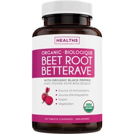 Healths Harmony USDA Organic Beet Root Powder (120 Tablets) 1350mg Beets Per Serving with Black Pepper for Extra Absorption - Source of Antioxidants - Vegan - No Capsules