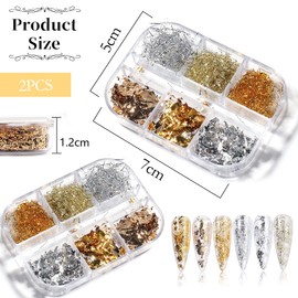 2 Boxes Nail Art Metal Foil Nail Sequins Glitter 3D Gold Leaf Nail Art Rhinestone Colour Gold Foil for DIY Face Body Glitter Nail Art Decoration