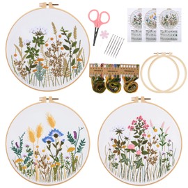 Lukinbox 3 Sets Embroidery Kit for Beginners, Fabric Cross Stitch Kits for Adults, DIY Embroidery Starter Kits with Floral Flower Patterns, Embroidery Hoops, Clothes, Threads and Needles