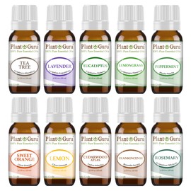 Essential Oil Set 10-10 ml. Therapeutic Grade 100% Pure Cedarwood, Eucalyptus, Frankincense, Lavender, Lemon, Lemongrass, Sweet Orange, Peppermint, Rosemary, Tea Tree for Skin, Body, Hair, Diffuser